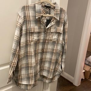 Renee C. Oversized Plaid Button-Up Shirt Jacket in Cream, Brown and Gray